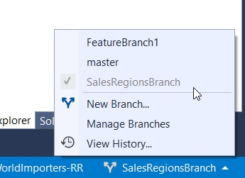 The menu for SalesRegionsBranch displays, with the following menu options: FeatureBranch1, master, New Branch, Manage Branches, and View History.